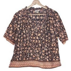 FAHERTY‎  Organic Cotton Floral Print Smocked Neck Tassel Tie Top Women Medium